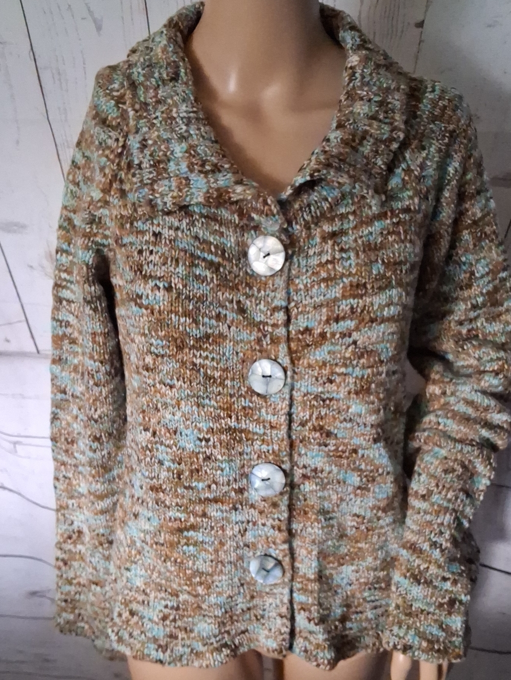 Cozy Wind River Multicolor Knit Button-Up Sweater - Brown & Light Blue Size M
